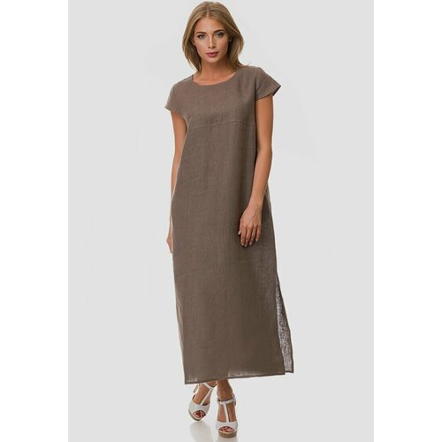 фото Платье-футболка gabriela, лен, прямой силуэт, макси, карманы, размер 56, коричневый, бежевый