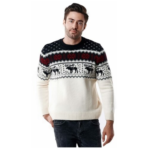 фото Шерстяной свитер, классический скандинавский орнамент северные олени и снежинки, натуральная шерсть, белый цвет, размер m anymalls