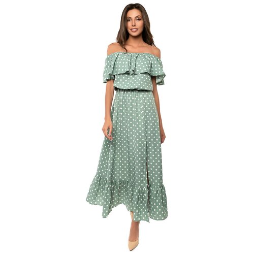 фото Платье сарафан в горох, открытые плечи с воланом, юбка колокольчик с воланом, зеленый цвет, размер l anymalls