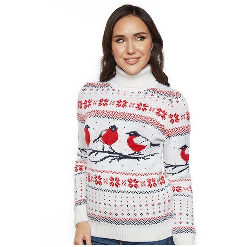фото Женский свитер, классический скандинавский орнамент со снегирями и снежинками, натуральная шерсть, белый цвет, размер m anymalls