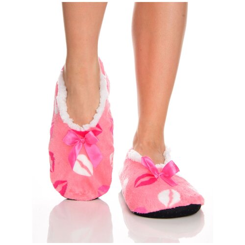 фото Плюшевые домашние носки на нескользящей подошве, внутренний подклад из искусственного меха, принт цветные губы - поцелуйчики, светло-розовый цвет, размер 35-38 снежно