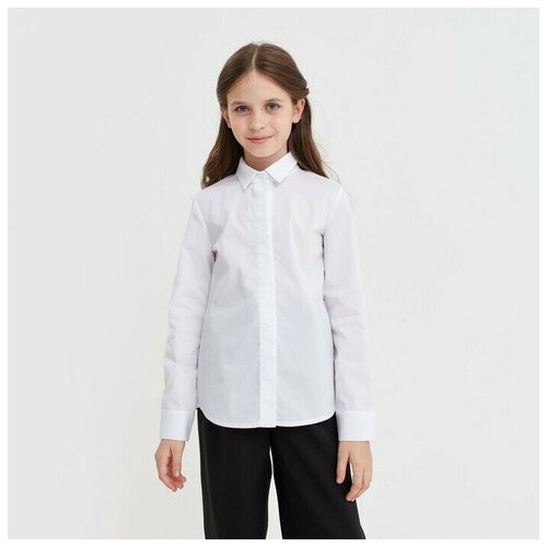 фото Школьная блуза minaku, свободный силуэт, на пуговицах, длинный рукав, воланы, однотонная, размер 122, белый