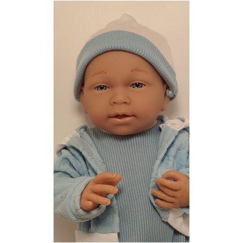 фото Реалистичная кукла-пупс pure baby, 40 см, в голубом платьице, кофточке с капюшоном, шапочке и носочках китай
