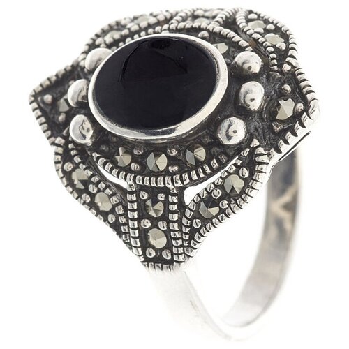 фото Марказит кольцо с марказитами и ониксами из серебра hr047, размер 17