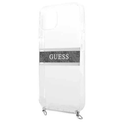 фото Guess для iphone 13 чехол pc/tpu 4g stripe hard tranparent +silver crossbody chain