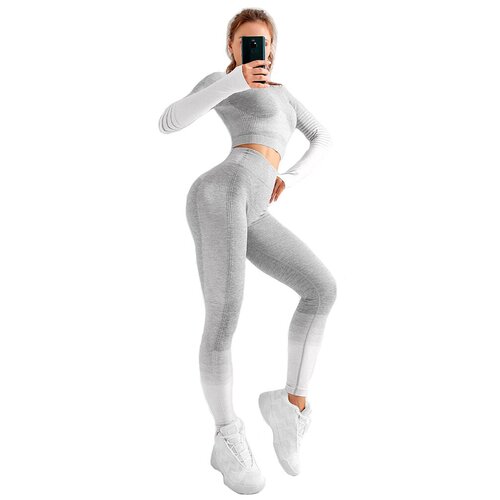 фото Спортивный костюм для йоги и фитнеса с эффектом градиента (тайтсы, рашгард) цвет белый, размер m noname