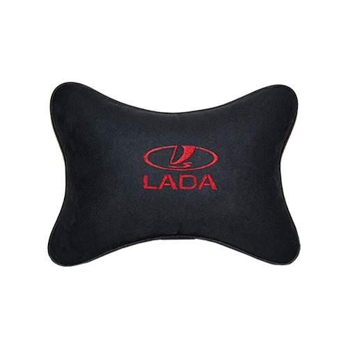 фото Подушка на подголовник алькантара black (красная) с логотипом автомобиля lada vital technologies