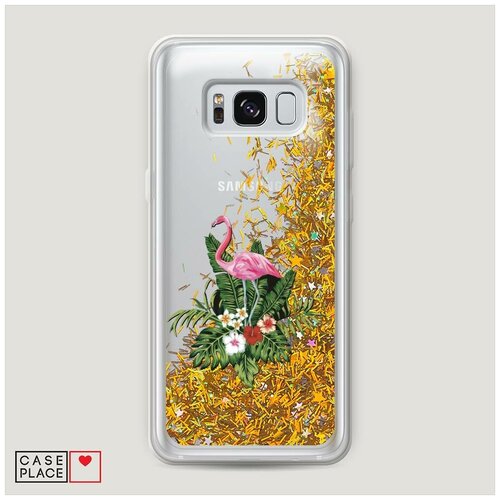 Чехол Жидкий с блестками Samsung Galaxy S8 Plus Фламинго на гавайских листах