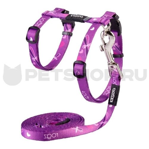 фото Rogz - набор шлейка (24-40см) + поводок (длина 1,8м) для кошек kiddycat "пурпурная стрекоза" (harness and lead set) 80 г