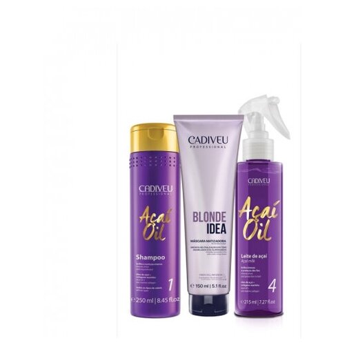 фото Cadiveu blonde home care gamma #2 набор для домашнего ухода (acai oil shampoo шампунь 250 мл + acai oil milk: термозащита волос 215 мл + blonde idea blonde balance mask тонирующая маска 150 мл)