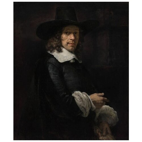 фото Репродукция на холсте портрет джентельмена с высокой шляпой и перчатками (1658) рембрандт 50см. x 60см. твой постер