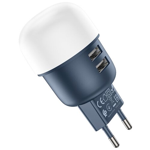 фото Сетевое зарядное устройство + ночник hoco c87a sparkle dual port night light charger синий