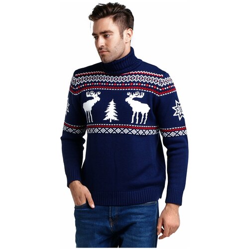 фото Шерстяной свитер с высоким горлом, скандинавский орнамент с оленями, натуральная шерсть, индиго цвет, размер xxl anymalls