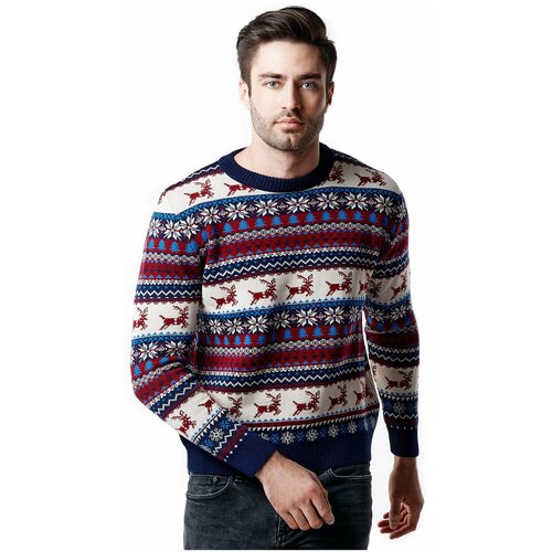фото Шерстяной свитер, классический скандинавский орнамент, паттерн олени и снежинки, натуральная шерсть, синий, красный, цвет, размер s anymalls