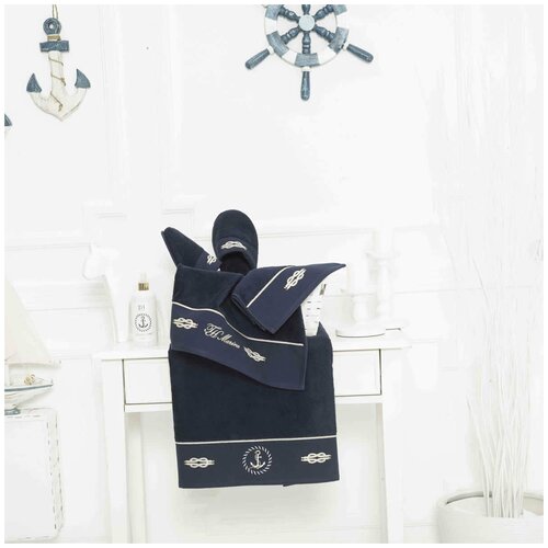 фото Подарочный набор полотенец для ванной 3 пр. + тапочки tivolyo home marine towel хлопковая махра тёмно-синий
