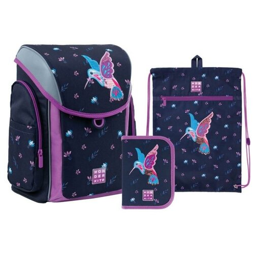 фото Ранец на замке 583, 34 x 28 x 17, для девочки, с наполнением: мешок, пенал, colibri, синий/розовый kite