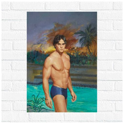 фото Постер накаченный мужчина в синих плавках, 30x40 см, бумага вау холст