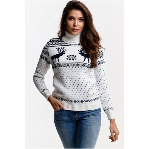 фото Шерстяной свитер, классический скандинавский орнамент с оленями и снежинками, натуральная шерсть, белый цвет, синий орнамент, размер l anymalls