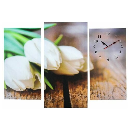 фото Часы настенные сюжет модульные, "белые тюльпаны", 60*80 см