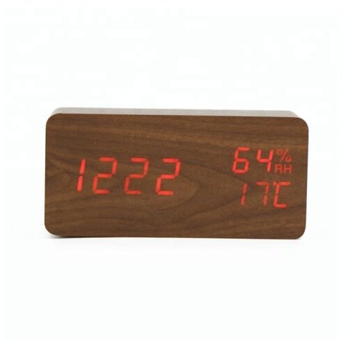 фото Часы-будильник "деревянный брусок" средние коричневые с показаниями влажности, настольные часы happyko