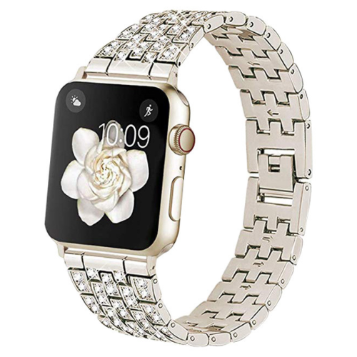 фото Элегантный сменный стальной ремешок mypads для умных смарт-часов apple watch se/ series 6/ series 5/ series 4 (40mm/ 44mm) украшенный цветными звеньями (белое золото 40мм)
