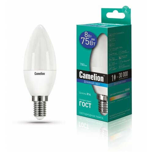 фото Эл.лампа светодиодная свеча led8-с35/865/e14 (8w=75 вт 780lm 220в) camelion