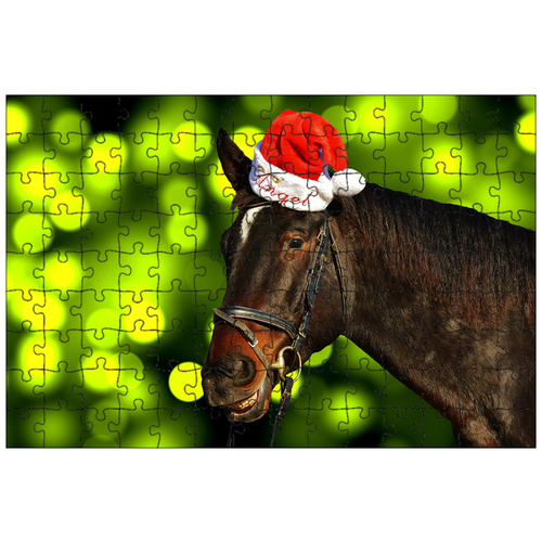 фото Магнитный пазл 27x18см."лошадь, рождество, шляпа санта- клауса" на холодильник lotsprints