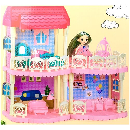 Кукольный домик Castle House 556-5 с куклой, двухэтажный, 3 комнаты, терраса, с набором мебели, 65 предметов, 55х51х22 см