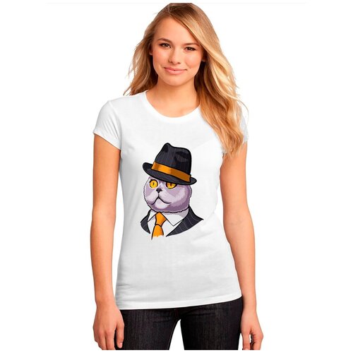 фото "женская белая футболка кот, галстук, шляпа". размер xs drabs