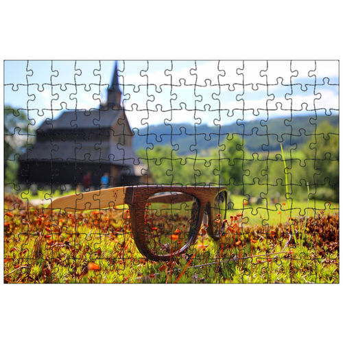 фото Магнитный пазл 27x18см."солнечные очки, деревянная церковь, ростки растений" на холодильник lotsprints