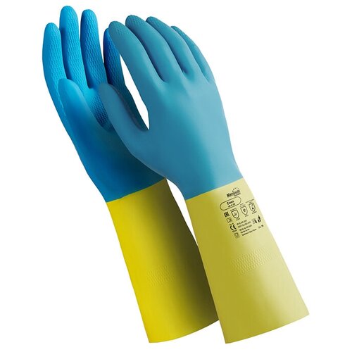 фото Перчатки латексно-неопреновые manipula "союз" (хлопчатобумажное напыление, размер 9-9,5 ( l), синие/желтые, ln-f-05)