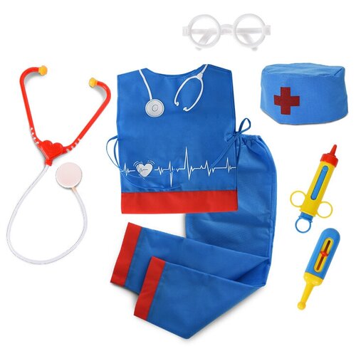 фото Набор доктора детский мега тойс 7 предметов (штаны, халат-накидка, колпак, стетоскоп, очки, шприц и градусник)