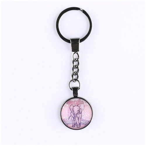 фото Брелок darifly цвета титан с большим кольцом для ключей, цепью и круглым рисунком "розовый слон на розовом фоне с цветами