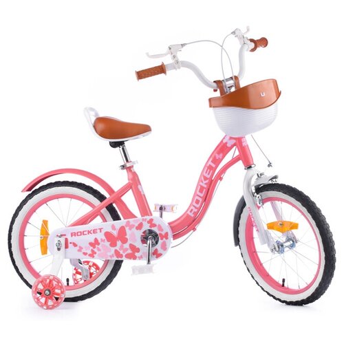 фото Велосипед детский 2-х колесный 16" с боковыми тренировочными колесами ( светящиеся во время движения),корзиной, на рост ребенка 100-125 см (5-6 лет) rocket, цвет белый/фиолетовый, модель 2023 года r0108