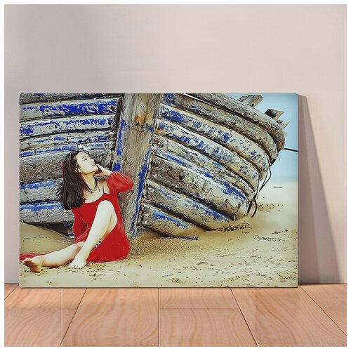 фото Картина "девушка у лодки", 40x30 см, картина на холсте на деревянном подрамнике с настенным креплением вау холст