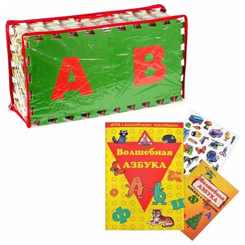 фото Коврик-пазл eco-cover русский алфавит + игра с наклейками волшебная азбука, разноцветный