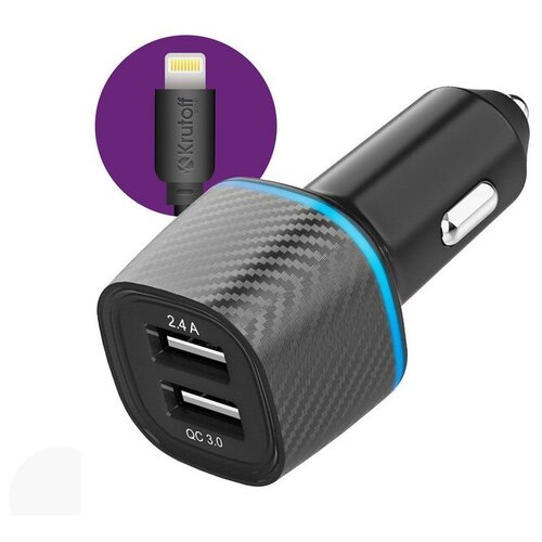 фото Зарядное устройство krutoff cch-02l 2xusb 2.4a + qc 3.0 30w + кабель lightning black 03725 krutoff group