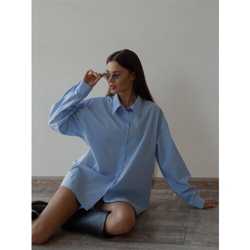 фото Рубашка ramaduelle, повседневный стиль, оверсайз, длинный рукав, манжеты, без карманов, однотонная, размер m-l, голубой