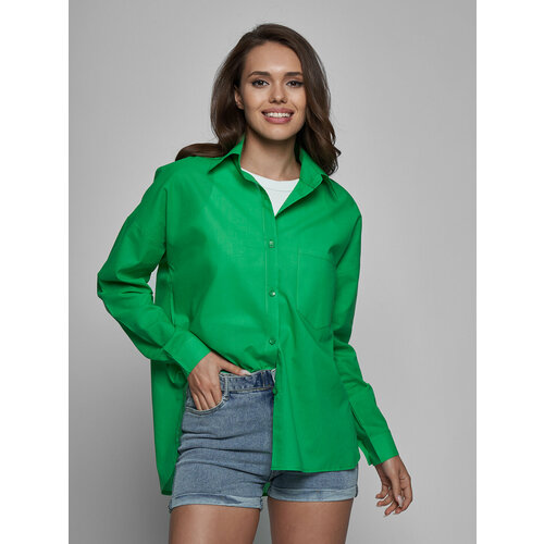 фото Рубашка , повседневный стиль, оверсайз, длинный рукав, карманы, однотонная, размер 42-48, зеленый saryshka