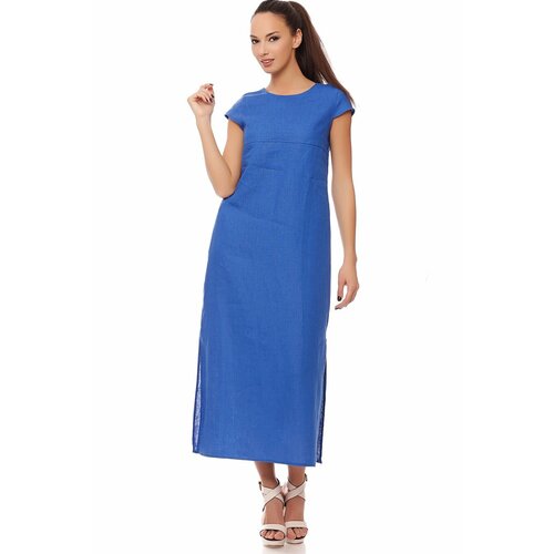 фото Платье-футболка gabriela, лен, прямой силуэт, макси, карманы, размер 46, синий
