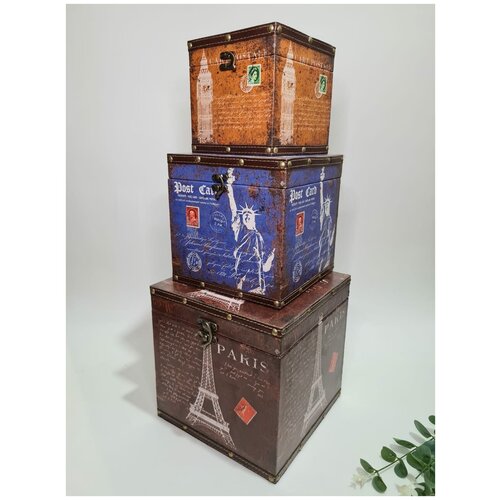 фото Интерьерные ящики для подарков и хранения личных вещей. набор декоративных деревянных ящиков 3в1. короб paris шкатулка