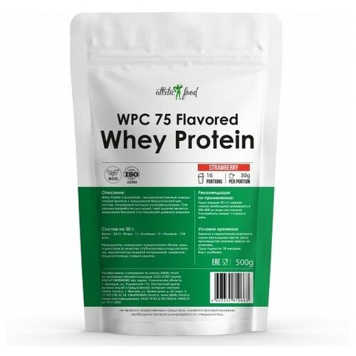 фото Протеин, концентрат сывороточного белка atletic food wpc 75 flavored - 500 грамм, клубника