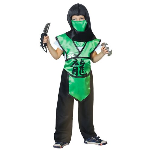 фото Карнавальный костюм "ниндзя. иероглиф — дракон", шлем, защита, пояс, штаны, оружие, р-р 34, рост 140 см, цвет зелёный qwen