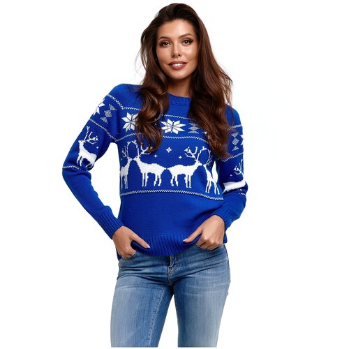 фото Шерстяной свитер, классический скандинавский орнамент с оленями и снежинками, натуральная шерсть, васильковый цвет, размер xs anymalls