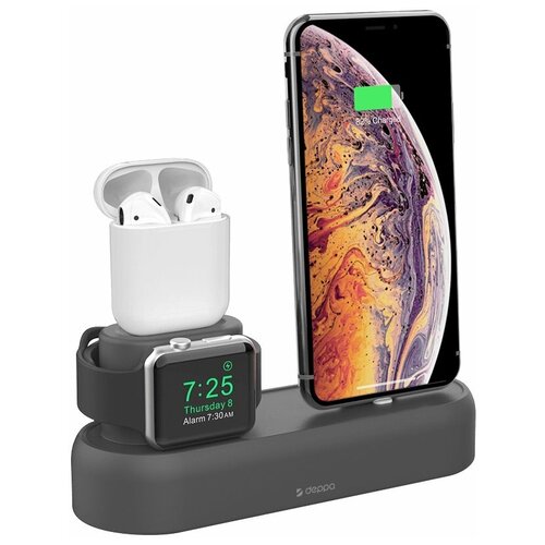 фото Док станция deppa 3-в-1 ( iphone/airpods/apple watch 1/2/3/4) силикон серый 47105