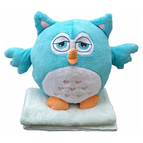 фото Мягкая игрушка-подушка сова с пледом внутри 3 в 1, 50 см голубой нет бренда
