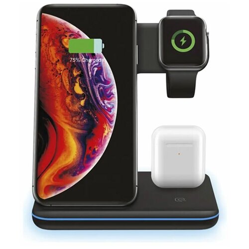 фото Беспроводная высокоскоростная зарядная док-станция weezer 3в1 (iphone + apple watch + airpods) на 15w с led индикатором-подсветкой, черный цвет