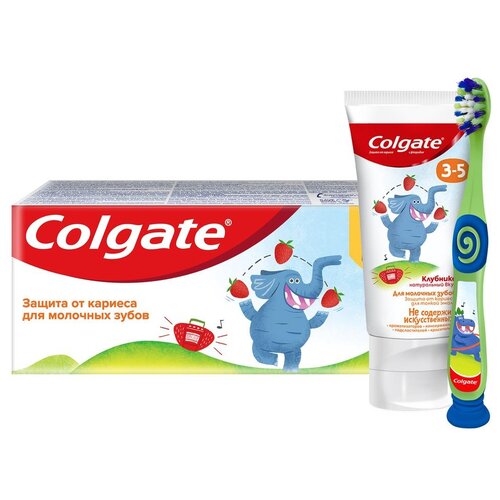 фото Набор для чистки зубов colgate 3-5 детская зубная паста со вкусом клубники, 60 мл + зубная щетка для детей 2-5