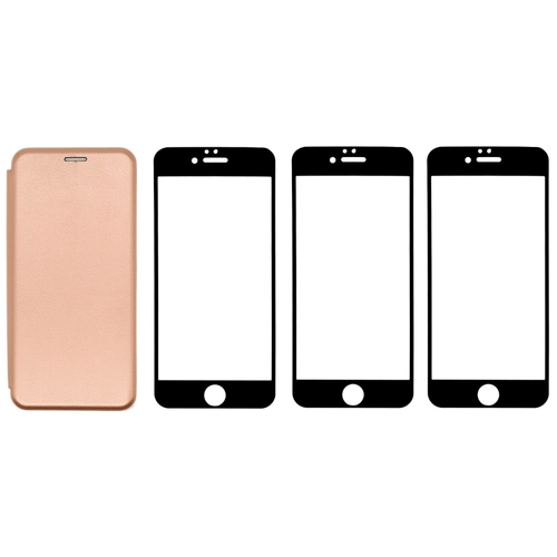 фото Комплект для iphone 6 / 6s : чехол книжка розовое золото + три закаленных защитных стекла с черной рамкой на весь экран / айфон 6 / 6с shok365