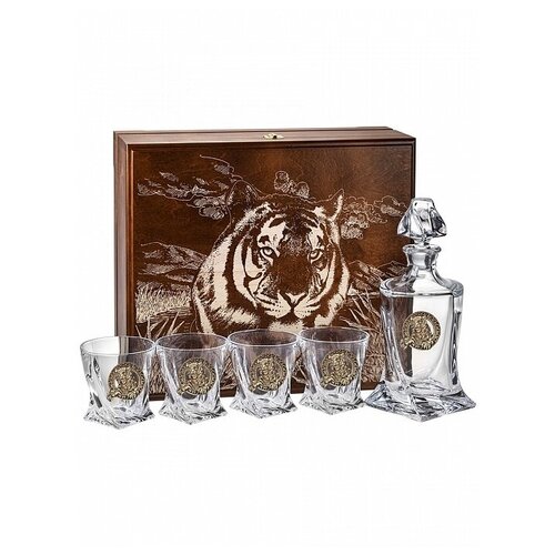 фото Набор бокалов для виски тигр ( штоф + 4 бокала ) в деревянном футляре город подарков